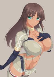 Rule 34 | 1girl, alice gear aegis, black gloves, breasts, brown hair, cleavage, closed mouth, collarbone, commentary request, cowboy shot, dark-skinned female, dark skin, elbow gloves, eyebrows hidden by hair, gloves, green eyes, grey background, grey shirt, grey skirt, grey thighhighs, groin, hand on own chest, highres, kaneshiya sitara, large breasts, long hair, looking at viewer, navel, ozaneko, partial commentary, shirt, sidelocks, simple background, skindentation, skirt, smile, solo, standing, stomach, thighhighs
