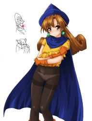 Rule 34 | 1girl, 2boys, alena (dq4), blood, blush, brey, brown eyes, brown hair, brown pantyhose, cape, chunsoft, clift, clothes lift, crotch seam, dragon quest, dragon quest iv, earrings, enix, frown, gloves, hat, hayashiya zankurou, highres, jewelry, long hair, looking at viewer, multiple boys, nosebleed, panties, panties under pantyhose, pantyhose, simple background, skirt, skirt lift, thigh gap, thighband pantyhose, underwear, upskirt