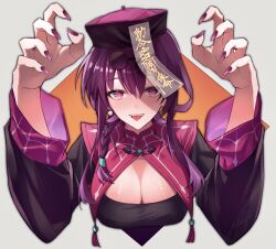 Rule 34 | 1girl, alternate costume, braid, breasts, capelet, cleavage, commentary request, cosplay, cropped torso, earrings, eyewear on head, fingernails, grey background, hair between eyes, halloween, hands up, highres, honkai: star rail, honkai (series), jewelry, jiangshi, jiangshi costume, kafka (honkai: star rail), kmes niku, large breasts, light blush, long hair, looking at viewer, nail polish, outstretched arms, partial commentary, purple capelet, purple eyes, purple hair, purple nails, round eyewear, sharp fingernails, sharp teeth, sidelocks, signature, single braid, solo, spider web print, sunglasses, teeth, tongue, tongue out, upper teeth only, zombie pose