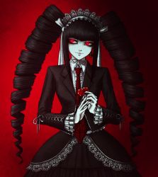 1girl, absurdres, bangs, black hair, black jacket, black legwear, black skirt, blunt bangs, bonnet, card, celestia ludenberg, center frills, collared shirt, commentary, cowboy shot, danganronpa: trigger happy havoc, danganronpa (series), drill hair, earrings, english commentary, frills, glowing, glowing eyes, gothic lolita, gradient, gradient background, hairband, highres, holding, jacket, jewelry, lace, lace-trimmed skirt, lace trim, layered skirt, lolita fashion, long hair, long sleeves, nail polish, necktie, own hands together, pale skin, poker chip, print neckwear, red background, red eyes, red neckwear, shirt, sketchmenot, skirt, smile, solo, twin drills, twintails, white shirt