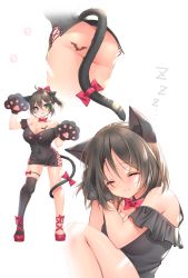 Rule 34 | 1girl, ahoge, animal ears, animal hands, ass, bare shoulders, bat tattoo, black hair, black shirt, black thighhighs, blue eyes, blush, breasts, butt crack, cat ears, cat tail, choker, cleavage, closed eyes, closed mouth, covered navel, gloves, green eyes, hair ornament, hairclip, heterochromia, high ponytail, highres, large breasts, looking at viewer, multiple views, open mouth, original, paw gloves, red footwear, ribbon, ribbon choker, shirt, short hair, simple background, single thighhigh, smile, tail, tail ornament, tail ribbon, tattoo, thigh strap, thighhighs, white background, yoruhoshi owl