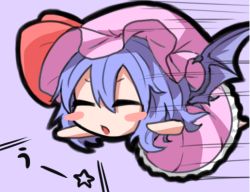 Rule 34 | &gt;:o, 1girl, :o, = =, bat wings, blue hair, bow, chestnut mouth, chibi, commentary, flying, fukutchi, full body, hat, hat bow, mob cap, motion lines, purple background, remilia scarlet, simple background, solo, touhou, translated, uu~, v-shaped eyebrows, wings