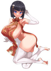 Rule 34 | 1girl, asanagi, bare shoulders, black hair, blue eyes, blunt bangs, blush, bob cut, breasts, china dress, chinese clothes, covered erect nipples, dragon print, dress, elbow gloves, feet, gloves, gold trim, hair ornament, highres, huge breasts, legs, looking at viewer, no panties, no shoes, open mouth, original, pelvic curtain, red dress, revealing clothes, short hair, sideboob, sideless outfit, soles, solo, stirrup legwear, thighhighs, thighs, toeless legwear, toes, variant set, white gloves, white thighhighs