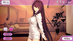 Rule 34 | 1girl, arms behind back, bed, blush, breasts, covered erect nipples, fake screenshot, fate/grand order, fate (series), gameplay mechanics, koyama hirokazu, large breasts, long hair, looking at viewer, naked sweater, purple hair, red eyes, ribbed sweater, room, scathach (fate), scathach (fate), smile, solo, sweater, very long hair