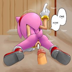 Rule 34 | ..., 1girl, after vaginal, amy rose, animal ears, anus, arm support, ass, boots, colorized, cum, cum in pussy, disembodied penis, english text, from behind, full body, furry, gloves, hairband, hecticarts, index finger raised, nude, penis, pink fur, red footwear, solo focus, sonic (series), speech bubble, spread legs, tail, white gloves
