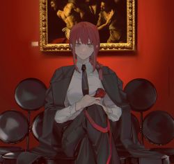 Rule 34 | 1girl, belt, breasts, chainsaw man, chair, coat, crossed legs, drawing (object), eyebrows hidden by hair, formal, hair between eyes, highres, holding, k00s, looking at viewer, makima (chainsaw man), necktie, red hair, ribbon, shirt, short hair, sitting, smile, solo, suit, yellow eyes