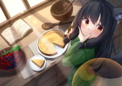 Rule 34 | 1girl, :q, absurdres, akinakesu-chan, animal ear fluff, animal ears, black hair, blueberry, blush, book, bowl, closed mouth, commentary request, day, food, from behind, fruit, green shirt, hand on own chin, highres, holding, holding knife, indoors, knife, long hair, looking at viewer, looking back, open book, original, red eyes, shirt, smile, solo, standing, strawberry, sunlight, tail, tongue, tongue out, whisk, window, wooden spoon
