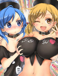 Rule 34 | &gt;:(, 2girls, ;d, areola slip, bare shoulders, black shirt, blonde hair, blue eyes, blue hair, blush, breast envy, breasts, chikado, cleavage, clothes writing, collar, colored eyelashes, commentary request, covered erect nipples, dual persona, earrings, earth (ornament), eyelashes, fang, female focus, flat chest, frown, grabbing, grabbing another&#039;s breast, heart, hecatia lapislazuli, hecatia lapislazuli (earth), hecatia lapislazuli (moon), jewelry, large breasts, looking at another, looking at viewer, matching hair/eyes, moon (ornament), multiple girls, navel, nipple slip, nipples, nose blush, off-shoulder shirt, off shoulder, one eye closed, open mouth, shiny skin, shirt, smile, stud earrings, sweat, sweatdrop, t-shirt, tied shirt, touhou, translated, v-shaped eyebrows, yellow eyes, yuri