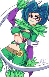 Rule 34 | 1girl, bad id, bad tumblr id, big hair, bigdead, blue hair, breasts, chakram, eiserne drossel (weapon), facial tattoo, green lips, highres, huge weapon, large breasts, lipstick, makeup, mole, mole under eye, mole under mouth, purple eyes, revealing clothes, solo, soul calibur, soulcalibur, soulcalibur iii, tattoo, tira (soulcalibur), underboob, weapon
