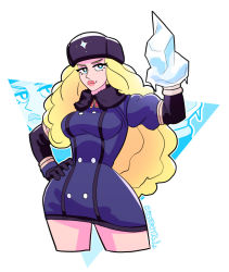 Rule 34 | 1girl, black gloves, blonde hair, blue eyes, breasts, buttons, coat, eyebrows, eyelashes, fur hat, fur trim, gloves, hand on own hip, hat, highres, ice, kolin, lips, lobsteritus, long hair, parted lips, solo, standing, street fighter, street fighter v, thick lips, thighs, ushanka, wavy hair, wide hips, winter clothes, winter coat