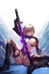 Rule 34 | 1girl, absurdres, armor, armored boots, blonde hair, blue eyes, blush, boots, breasts, censored, commentary, commission, english commentary, full body, gauntlets, glowing, glowing weapon, hair between eyes, high heel boots, high heels, highres, holding, holding sword, holding weapon, huge weapon, katana, large breasts, looking at viewer, nude, original, parted bangs, pussy, pussy juice, short hair, sikeseeing18, sitting, solo, spread legs, sweat, sword, thighhighs, torn clothes, weapon
