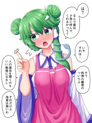 Rule 34 | 1girl, alternate hairstyle, apron, arm up, blush, breasts, commentary request, detached sleeves, double bun, finger twirl, flying sweatdrops, frog hair ornament, fusu (a95101221), green eyes, green hair, hair bun, hair ornament, hair tubes, head tilt, kochiya sanae, large breasts, long sleeves, looking away, open mouth, pink apron, simple background, single sidelock, snake hair ornament, solo, standing, touhou, translation request, upper body, white background, wide sleeves