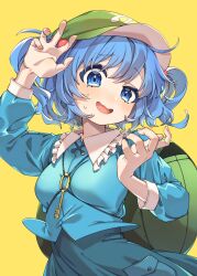 Rule 34 | 1girl, blue eyes, blue hair, blue shirt, blue skirt, breasts, e sdss, fingernails, frilled shirt collar, frills, hands up, hat, highres, kawashiro nitori, key, open mouth, shirt, short hair, simple background, skirt, small breasts, smile, solo, sweat, touhou, two side up, uneven eyes, yellow background