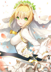 Rule 34 | 10s, 1girl, :d, aestus estus, ahoge, bison cangshu, blonde hair, blush, bodysuit, breasts, bridal veil, chain, commentary request, fate/extra, fate/extra ccc, fate (series), from side, gloves, green eyes, hair between eyes, hair intakes, holding, holding sword, holding weapon, lock, looking at viewer, medium breasts, nero claudius (bride) (fate), nero claudius (fate), nero claudius (fate) (all), open mouth, petals, revision, short hair with long locks, sidelocks, skirt, smile, solo, sword, veil, weapon, white gloves, white skirt