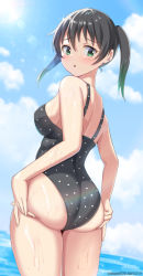 Rule 34 | 1girl, absurdres, ass, black hair, black one-piece swimsuit, blue sky, breasts, casual one-piece swimsuit, cloud, commentary request, cowboy shot, day, from behind, green eyes, hair between eyes, highres, large breasts, lens flare, love live!, love live! nijigasaki high school idol club, medium hair, one-piece swimsuit, outdoors, polka dot, polka dot swimsuit, sideboob, sky, solo, standing, sun, swimsuit, takasaki yu, tenpa (tenpa2190), twintails
