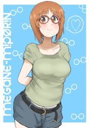 Rule 34 | 1girl, arms behind back, belt, bespectacled, black belt, blue background, breasts, brown eyes, brown hair, casual, character name, closed mouth, commentary, cowboy shot, girls und panzer, glasses, green shirt, grey shorts, heart, highres, large breasts, light blush, looking at viewer, nishizumi miho, red-framed eyewear, romaji text, shirt, short hair, short shorts, shorts, smile, solo, spoken heart, standing, wacha otoko