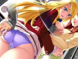 Rule 34 | 1boy, 2girls, asakura sakura, ass, ass grab, bisexual female, blonde hair, blue eyes, blush, grabbing another&#039;s breast, breasts squeezed together, breasts, breasts out, brown hair, clothes lift, from behind, game cg, grabbing, grabbing another&#039;s ass, groping, hand on own hip, large breasts, legs, long hair, looking back, multiple girls, nana g, nipples, no bra, open clothes, open mouth, open shirt, panties, partially undressed, purple panties, school uniform, sex teacher tsuyoshi, shirt, skirt, skirt lift, smile, standing, tenri reika, thighs, underwear