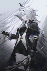 1girl animal_ear_fluff animal_ears arknights black_coat black_gloves blood blood_on_face blue_eyes breasts coat commentary_request gloves grey_hair hair_between_eyes hair_ornament hairclip highres holding holding_pocket_watch holding_sword holding_weapon lappland_(arknights) lappland_(refined_horrormare)_(arknights) lingear long_hair long_sleeves looking_at_viewer medium_breasts official_alternate_costume open_clothes open_coat parted_lips pocket_watch scar scar_across_eye scar_on_face solo sword watch weapon wolf_ears wolf_girl