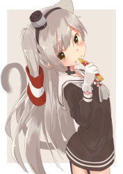 Rule 34 | 1girl, absurdres, amatsukaze (kancolle), animal ears, border, brown dress, brown eyes, brown neckerchief, cat ears, cat tail, commentary, cowboy shot, dress, food, garter straps, gloves, grey background, hair tubes, highres, kafi (cafee kuu), kantai collection, lifebuoy ornament, long hair, neckerchief, sailor dress, short dress, silver hair, smokestack hair ornament, solo, symbol-only commentary, tail, two-tone background, two side up, white border, white gloves