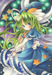Rule 34 | 1girl, blue dress, blue eyes, bow, capelet, crescent, dress, ghost tail, green hair, hat, highres, holding, holding staff, long hair, long sleeves, looking at viewer, marker (medium), mima (touhou), mizame, solo, staff, star (symbol), touhou, touhou (pc-98), traditional media, very long hair, wings, wizard hat, yellow bow