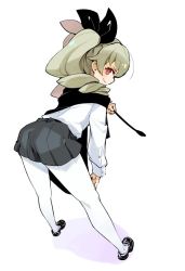 Rule 34 | 1girl, anchovy (girls und panzer), ass, black ribbon, cape, drill hair, full body, girls und panzer, hair ribbon, long hair, looking at viewer, mota, pantyhose, red eyes, ribbon, school uniform, simple background, skirt, smile, solo, twin drills, twintails, white background