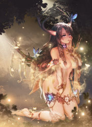 Rule 34 | 1girl, anklet, antlers, arm garter, barefoot, between legs, bow, bow panties, braid, branch, breasts, brown hair, bug, butterfly, collarbone, curvy, dryad, finger to mouth, forest, hair censor, hand between legs, hand on own cheek, hand on own face, highres, horns, insect, instant ip, jewelry, kneeling, lace, lace-trimmed legwear, lace trim, large breasts, light particles, light rays, long hair, looking at viewer, lots of jewelry, mole, mole on breast, monster girl, moss, multiple braids, nature, nude, original, outdoors, panties, panties around leg, plant girl, purple hair, solo, sparkle, thighhighs, thighs, tree, underwear, white thighhighs, wrist cuffs