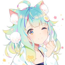 Rule 34 | 1girl, ;), ahoge, animal ear fluff, animal ears, aqua hair, bad id, bad pixiv id, blue eyes, blush, camisole, cat ears, closed mouth, collarbone, hair ornament, hand up, head tilt, highres, hood, hood down, hooded jacket, jacket, long hair, long sleeves, mao ge, multicolored eyes, one eye closed, open clothes, open jacket, original, paw hair ornament, pink eyes, purple camisole, simple background, smile, solo, white background, white jacket