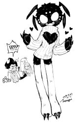 Rule 34 | !, 1girl, 2boys, ?, abigail (don&#039;t starve), absurdres, amy7996659, arrow (symbol), blank eyes, chest cutout, chibi, clothing cutout, collared shirt, cropped torso, dated, don&#039;t starve, dress, fangs, flower, full body, furry, furry male, ghost, greyscale, hair flower, hair ornament, hands up, heart, heart cutout, highres, implied erection, long hair, long sleeves, looking at another, looking at viewer, monochrome, multiple boys, open mouth, ribbed sweater, shirt, signature, solo focus, spider boy, spiked hair, spoken exclamation mark, spoken question mark, standing, sweater, sweater dress, turtleneck, turtleneck sweater, vest, wavy hair, webber (don&#039;t starve), wendy (don&#039;t starve), wilson (don&#039;t starve), yaoi