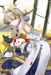 1girl absurdres arknights bare_shoulders blonde_hair colored_skin detached_sleeves dragon_bubble_(arknights) dragon_girl dragon_horns dragon_tail dusk_(arknights) earrings grey_eyes grey_hair highres holding horns jewelry ling_(arknights) long_sleeves looking_at_viewer mikuning multicolored_hair nian_(arknights) one_eye_closed parted_lips pointy_ears shu_(arknights) tail tassel tassel_earrings yellow_skin