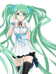 Rule 34 | 1girl, adjusting eyewear, aqua eyes, bad id, bad pixiv id, bespectacled, black thighhighs, cowboy shot, glasses, green hair, hair ribbon, hatsune miku, high heels, highres, holding, holding shoes, long hair, lucifer301, ribbon, shoes, unworn shoes, simple background, solo, thighhighs, twintails, very long hair, vocaloid, white background