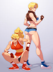 Rule 34 | 2girls, armpits, ass, blonde hair, breasts, capcom, final fight, final fight 2, final fight 3, genryuusai maki, highres, huge ass, image sample, jiggeh, large breasts, lipstick, lucia morgan, makeup, multiple girls, muscular, nike (company), pixiv sample, ponytail, resized, shoes, short hair, sneakers, squatting, street fighter, thong, whale tail (clothing)