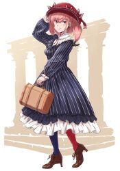 Rule 34 | 1girl, alternate costume, atlanta (kancolle), bag, black dress, blush, boots, brown footwear, brown hair, closed mouth, dress, earrings, full body, grey eyes, hair between eyes, hat, high heel boots, high heels, highres, holding, holding bag, jewelry, kantai collection, ld (luna dial398), long hair, long sleeves, red hat, single earring, smile, solo, star (symbol), star earrings, striped clothes, striped dress, two side up, vertical-striped clothes, vertical-striped dress