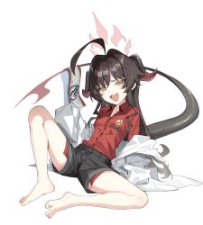 Rule 34 | 1girl, ahoge, barefoot, black hair, black horns, black shorts, black tail, blue archive, blush, collared shirt, demon horns, fang, hair intakes, halo, highres, horns, kasumi (blue archive), lab coat, long hair, looking at viewer, open mouth, oversized clothes, red halo, red shirt, shirt, shirt tucked in, shorts, simple background, sleeves past fingers, sleeves past wrists, smile, solo, tamago (eva1314056), white background, yellow eyes