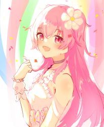 Rule 34 | 1girl, choker, commentary, fang, flower, hair flower, hair ornament, highres, looking at viewer, momoi airi, open mouth, pink eyes, pink hair, project sekai, shiropengin l, smile, solo, two side up, white flower, wrist cuffs