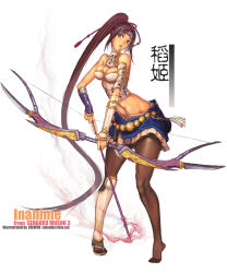 Rule 34 | 1girl, arrow (projectile), bare shoulders, bow (weapon), breasts, brown hair, cleavage, edenfox, covered erect nipples, female focus, full body, headband, highres, inahime, long hair, midriff, miniskirt, pantyhose, ponytail, purple eyes, sandals, sengoku musou, skirt, solo, very long hair, weapon, white background