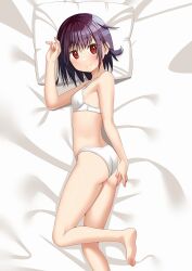 Rule 34 | 1girl, amano miyako, arm at side, blush, bra, breasts, brown hair, closed mouth, commentary request, full body, hand up, head on pillow, kantai collection, looking at viewer, lying, messy hair, mutsuki (kancolle), on bed, on side, panties, pillow, red eyes, short hair, sideboob, small breasts, smile, solo, underwear, underwear only, white bra, white panties