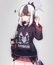 Rule 34 | 1girl, :/, black choker, black hair, black hoodie, blue archive, bright pupils, cellphone, choker, closed mouth, collarbone, commentary request, cowboy shot, demon horns, demon wings, earbuds, earphones, grey background, gun, h&amp;k p30, halo, handgun, highres, holding, holding phone, holstered, hood, hoodie, horns, jonasmk, kayoko (blue archive), korean commentary, miniskirt, mole, mole on collarbone, multicolored hair, musical note, phone, plaid, plaid skirt, pleated skirt, red eyes, red skirt, simple background, single wing, skirt, smartphone, solo, standing, streaked hair, tsurime, two-tone hair, weapon, white hair, white pupils, wings
