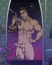 Rule 34 | 1boy, abs, arm tattoo, bara, black hair, closed mouth, completely nude, erection, hand on own hip, highres, holding, holding phone, large pectorals, male focus, mirror, mirror image, muscular, muscular male, navel, nipples, nude, original, orionisn, pectorals, penis, penis tattoo, phone, short hair, smile, solo, tattoo, testicles, thighs, victor (orionisn), watch, wristwatch