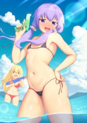 Rule 34 | 2girls, :d, ahoge, bare arms, bare shoulders, bikini, blonde hair, blue sky, blush, breasts, cloud, commentary, cowboy shot, day, eyes visible through hair, floating hair, glint, groin, hair between eyes, hand on own hip, hatimiz, highres, holding, lens flare, light rays, long hair, midriff, multiple girls, navel, nose blush, ocean, open mouth, outdoors, purple eyes, purple hair, red bikini, revision, side-tie bikini bottom, sky, small breasts, smile, solo focus, sparkle, sunbeam, sunlight, swimsuit, thighs, tsurumaki maki, twintails, underboob, very long hair, vocaloid, voiceroid, wading, water, water gun, wet, yuzuki yukari, | |