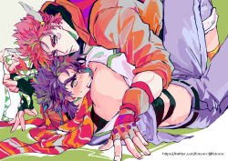 Rule 34 | 2boys, absurdres, alternate color, alternate eye color, alternate hair color, bad id, bad pixiv id, bare shoulders, battle tendency, belt, belt buckle, black gloves, blush, bound, bound wrists, buckle, caesar anthonio zeppeli, crop top, denim, facial mark, feather hair ornament, feathers, fingerless gloves, flustered, gloves, green eyes, hair ornament, unworn headwear, highres, holding, jacket, jeans, jojo no kimyou na bouken, joseph joestar, joseph joestar (young), looking at viewer, lying, male focus, midriff, multicolored eyes, multiple boys, nigelungdayo, on back, open mouth, orange gloves, orange jacket, pants, pants rolled up, parted lips, red eyes, scarf, short hair, slouching, spiked hair, striped, sweat, yellow eyes