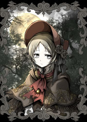 Rule 34 | 1girl, absurdres, ascot, blonde hair, bloodborne, bonnet, brooch, brown cloak, cloak, closed mouth, commentary request, flower, forest, framed, full moon, grey eyes, hat, highres, jewelry, looking away, moon, nature, outdoors, parted bangs, plain doll, red ascot, red hat, rose, shimoda masaya, short hair, solo, tree