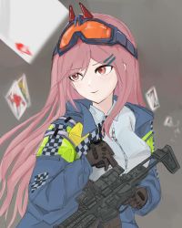 Rule 34 | 1girl, 4urora, absurdres, assault rifle, blush, breasts, brown jacket, carbine, card, closed mouth, eyewear on head, girls&#039; frontline, grey background, gun, highres, holding, holding weapon, jacket, long hair, looking away, pink hair, playing card, police, police uniform, red eyes, rifle, shirt, sig mcx (girls&#039; frontline), sig mcx, solo, uniform, weapon, white shirt