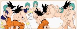Rule 34 | 1boy, 1girl, 69, anilingus, aqua hair, ass, bare arms, bare legs, bare shoulders, bent over, black eyes, black hair, blue dress, blue eyes, blush, grabbing another&#039;s breast, breasts, bulma, clothed female nude male, clothed male nude female, collarbone, completely nude, couple, cunnilingus, dragon ball, dragon ball (classic), dress, earrings, erection, fellatio, grabbing, hetero, highres, hug, jewelry, kiss, long hair, looking at another, looking back, medium breasts, muscular, muscular male, neck, nipples, no panties, nude, oca-world, oral, penis, pussy, sequential, short dress, short hair, sleeveless, sleeveless dress, sleeveless turtleneck, son goku, spread legs, standing, surprised, turtleneck, uncensored