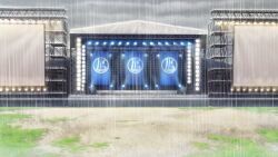 Rule 34 | building, cloud, cloudy sky, dirt, fence, film grain, game cg, grass, izumi tsubasu, light bulb, no humans, non-web source, official art, outdoors, rain, re:stage!, scenery, screen, sky, speaker, stage, stage lights