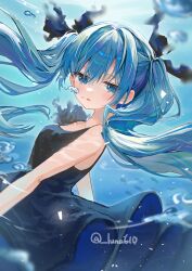 Rule 34 | 1girl, air bubble, black dress, black ribbon, blue eyes, blue hair, blush, bubble, collarbone, commentary request, dress, floating hair, hair ribbon, hatsune miku, highres, long hair, looking at viewer, luna (luna610), open mouth, parted lips, ribbon, shinkai shoujo (vocaloid), sleeveless, sleeveless dress, solo, submerged, twintails, twitter username, underwater, vocaloid