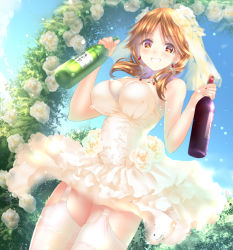 Rule 34 | 10s, 1girl, alternate costume, bad id, bad pixiv id, bare shoulders, beads, blue sky, blush, bottle, breasts, brown eyes, brown hair, buckle, bush, cleavage, cloud, cowboy shot, day, dress, earrings, eyebrows, flower, from below, garter straps, grin, hair beads, hair flower, hair ornament, hair over shoulder, holding, idolmaster, idolmaster cinderella girls, jewelry, katagiri sanae, lace, lace-trimmed dress, lace trim, large breasts, light particles, long hair, looking at viewer, low twintails, md5 mismatch, necklace, outdoors, ponytail korosuke, rose, sake bottle, sky, sleeveless, sleeveless dress, smile, solo, strap gap, thighhighs, twintails, veil, wedding dress, white dress, white flower, white rose, white thighhighs, wine bottle
