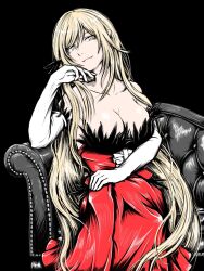 Rule 34 | 1girl, blonde hair, breasts, chair, cleavage, crossed legs, dress, fang, feather trim, hair ribbon, highres, kiss-shot acerola-orion heart-under-blade, kizumonogatari, large breasts, leather chair, lipstick, long hair, looking at viewer, makeup, monogatari (series), oshino shinobu, pointy ears, red dress, ribbon, shoulder gloves, solo, vampire, very long hair, yellow eyes