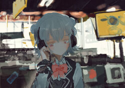 Rule 34 | 1girl, audio cable, black jacket, blazer, blurry, blurry background, blush, bow, bowtie, cevio, closed mouth, commentary request, double bun, flipped hair, grey hair, hair bun, hair ornament, hairclip, hand on headphones, hand up, headphones, highres, indoors, jacket, kabuyama kaigi, koharu rikka, listening to music, looking at viewer, multicolored clothes, multicolored jacket, open clothes, open jacket, pink bow, pink bowtie, purple eyes, record store, shop, short hair, solo, synthesizer v, two-tone jacket, upper body, white jacket