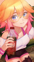 Rule 34 | 1girl, blue eyes, borrowed character, bottle, bow, bow legwear, bra strap, brown bow, brown shorts, brown thighhighs, closed mouth, dated, dolphin shorts, dr pepper, earrings, glasses, gradient hair, highres, holding, holding bottle, hoop earrings, jewelry, katou (katomon), looking at viewer, multicolored hair, orange hair, original, pink hair, shirt, shorts, signature, sitting, smile, soda bottle, solo, temachii, thighhighs, white shirt, yellow-framed eyewear, yellow pupils
