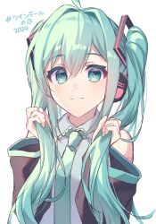 Rule 34 | 1girl, 2024, absurdres, ahoge, black sleeves, blue eyes, blue hair, blue necktie, blue trim, closed mouth, collared shirt, detached sleeves, grey shirt, hair between eyes, hair intakes, hair ornament, hatsune miku, headphones, highres, holding, holding own hair, kurobikari, long hair, long sleeves, looking at viewer, necktie, shirt, sketch, sleeveless, sleeveless shirt, smile, solo, twintails, twintails day, upper body, very long hair, vocaloid, wing collar